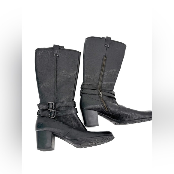 Born Shoes - Born Black Leather Combat Boots with Chunky Heel